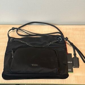 Tumi Voyager Nairobi Black/Gunmetal Adj. Leather/Chain Detail Strap Crossbody